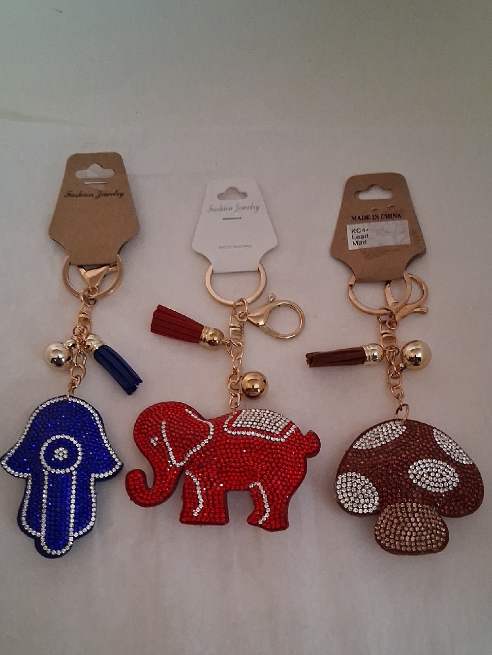 Bling Keychains Elephant, Mushroom, Hamsa